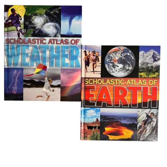 Lot of 2 Hardcover Scholastic Atlas Books Kids Earth Weather Illustrated Tween - Picture 1 of 16